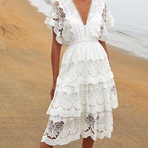 Farm Rio Off-White Richelieu Midi Dress- size MD